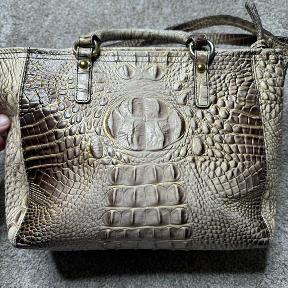 Brahmin Embossed Alligator Brown & Cream w/ Gold Tone Hardware Satchel Crossbody - Picture 2 of 10